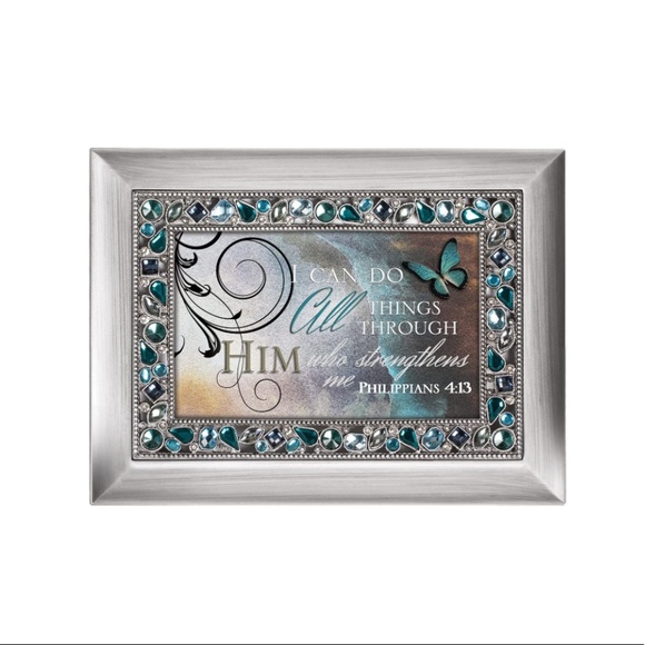 “Can Do All Thing Through Him” Brushed Silvertone Jeweled Music Box - Picture 3 of 5